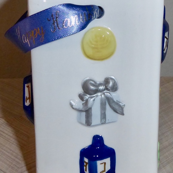 HANUKKAH CANDLE HOLDER BOX CERAMIC POTTERY RIBBON HANDLE GIFT DREIDELS STORAGE - Picture 3 of 6
